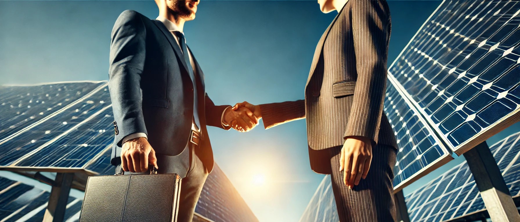 DALL·E 2024 10 02 18.39.57 A professional handshake between two individuals in a business setting with solar panels in the background. The scene is outdoors under a clear blue